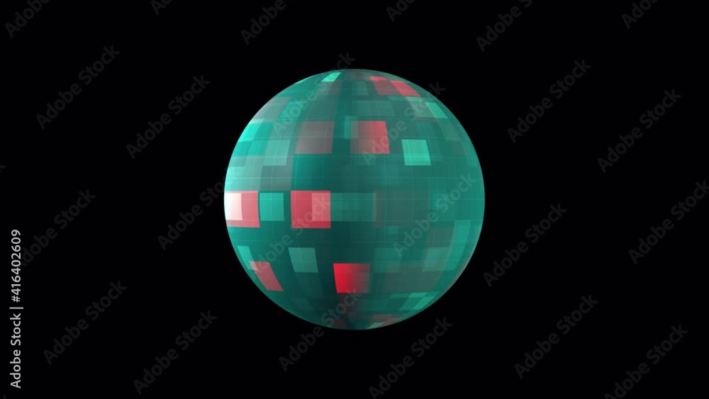 Poster abstract green red hi-tech futuristic disco ball. 4k 3d rendering seamless looping digital electroni
