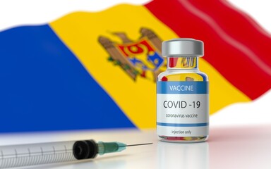 COVID 19 Vaccine approved and launched in Moldova. Corona Virus SARS CoV 2, 2021 nCoV vaccine delivery. Moldova flag on background and vaccine bottle. 3D illustration