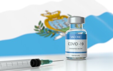 COVID 19 Vaccine approved and launched in San Marino. Corona Virus SARS CoV 2, 2021 nCoV vaccine delivery. San Marino flag on background and vaccine bottle. 3D illustration