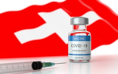 COVID 19 Vaccine approved and launched in Switzerland. Corona Virus SARS CoV 2, 2021 nCoV vaccine delivery. Switzerland flag on background and vaccine bottle. 3D illustration