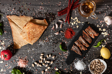 Dried fish on a wooden background. Different kinds of dried fish