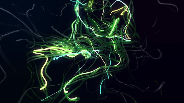 Multicolored neon lights like garland or lightnings. Concept of computing neural network, artificial intelligence, AI. 4k abstract looped bg. Luma matte as alpha. Multicolor flash of curved lines.