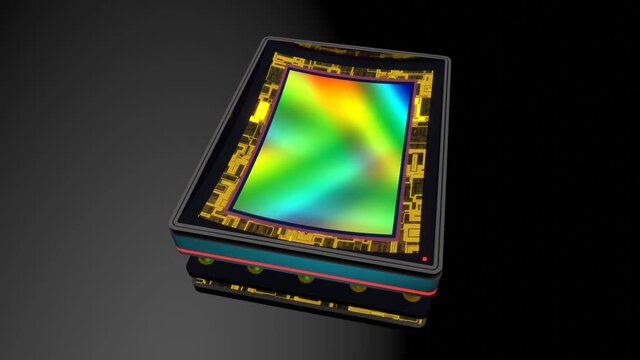 Curved sensor for digital camera, prototype 3D rendering, stacked: matrix, magnetic bender, memory, processor