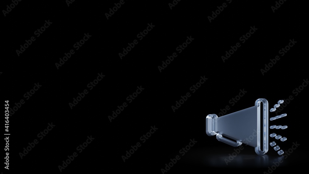Poster 3d rendering frosted glass symbol of megaphone isolated with reflection