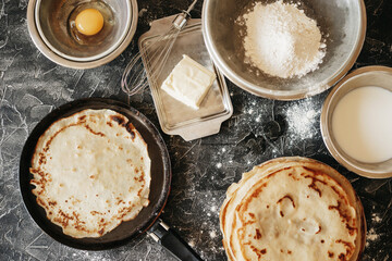 Baking products for making pancakes - Russian traditional cuisine: milk, eggs, flour, butter, на темном фоне