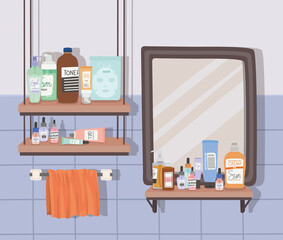 bathroom full of skincare products and one mirror