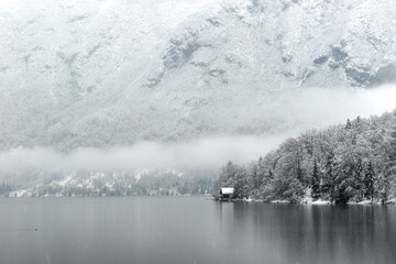 Scenic winter view of Bohinj lake in Gorenjska, Julian alps, Slovenia