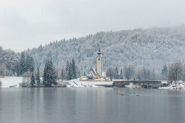 Scenic winter view of Bohinj lake in Gorenjska, Julian alps, Slovenia