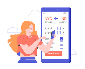 The girl books a plane ticket in the application on her smartphone. Digital technologies for comfortable travel. Vector flat illustration.