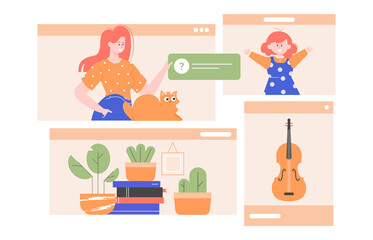 Browser windows, social network feed. Online training, lesson,  home schooling. Concept design illustration. Houseplants, books, violin. Vector flat characters teacher and schoolgirl.