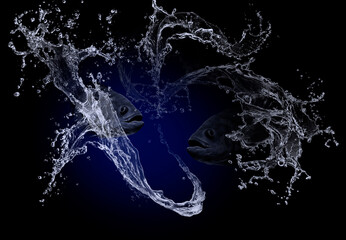 Big fishes and water splashes in deep sea