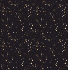 star constellation zodiac endless gold black seamless vector pattern