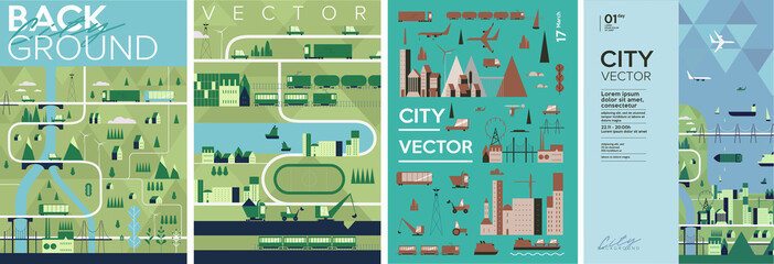 Cityscape. Set of vector illustrations. Urban landscape. Poster, Cover art. A pattern of urban elements.