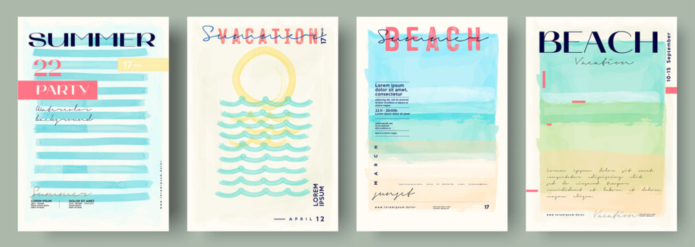 Watercolor abstract backgrounds, vector , beach, sunset, sea. Event poster , invitation card .Set of creative minimalist hand painted illustrations for wall decoration. Pastel colors.