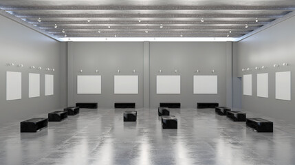 3d rendering illustration of interior with walls, art gallery, art frames, museum