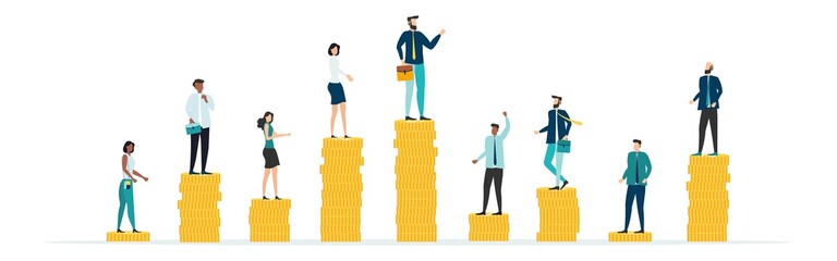 Economic inequalit. The gap between rich and poor.unfair income. White rich businessman standing on a tower of coins with a high salary with poor people black and white on low piles.Vector.