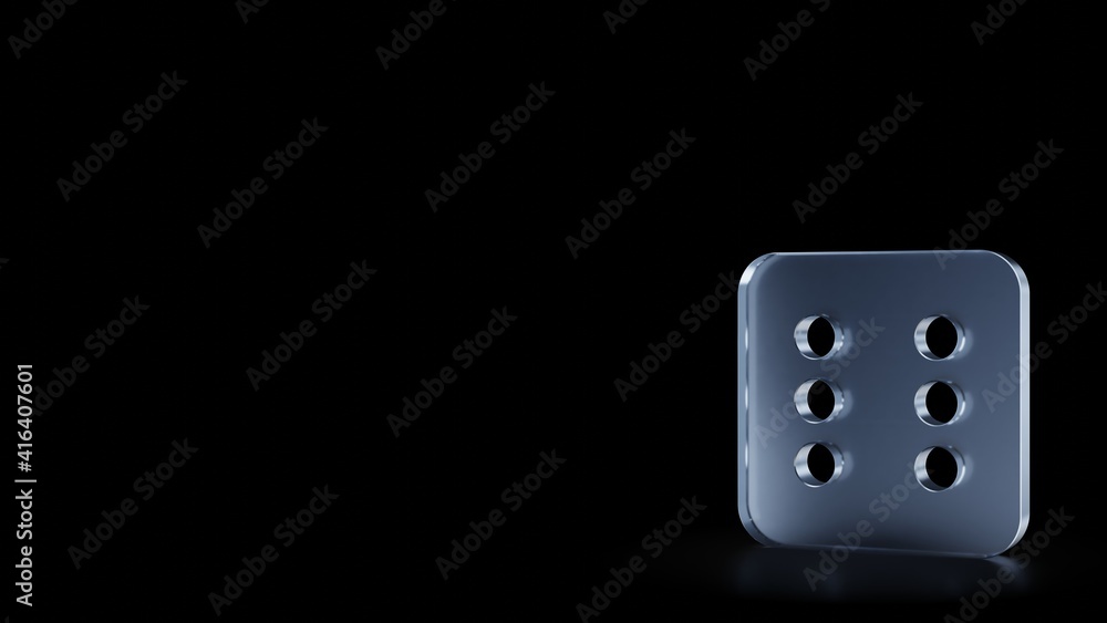 Poster 3d rendering frosted glass symbol of dice six isolated with reflection