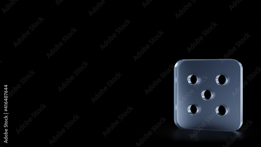 Poster 3d rendering frosted glass symbol of dice five isolated with reflection