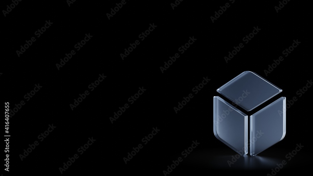 Poster 3d rendering frosted glass symbol of dice isolated with reflection