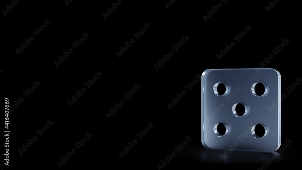 Poster 3d rendering frosted glass symbol of dice isolated with reflection