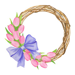 Wreath of pink tulips watercolor illustration