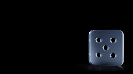 3d rendering frosted glass symbol of dice five isolated with reflection