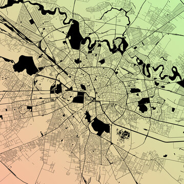 Bucharest, Romania (ROU) - Urban vector city map with parks, rail and roads, highways, minimalist town plan design poster, city center, downtown, transit network, gradient blueprint