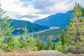 Mountain Lake with Cloud Sky in British Columbia, Canada.