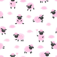 Cute sheep and clouds seamless pattern. Vector background for kids.