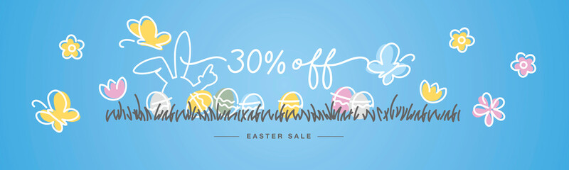 Easter Sale 30 percent off handwritten typography lettering line design bunny colorful flowers butterflies tulips Easter eggs in grass egg hunt blue greeting card
