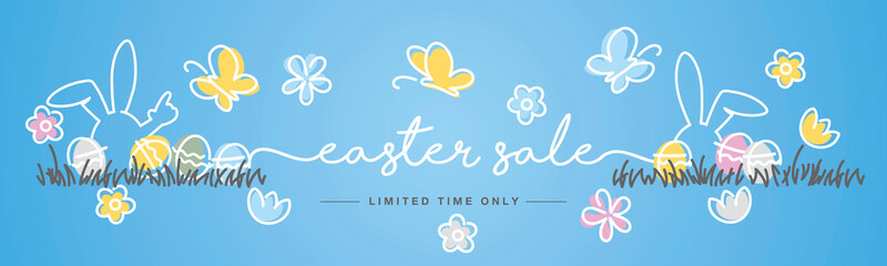 Easter Sale handwritten typography lettering line design bunny colorful flowers butterflies tulips Easter eggs in grass egg hunt blue greeting card