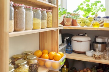 Kitchen pantry, wooden shelves with jars and containers with food, food storage.