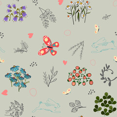 Cute hand drawn Easter seamless pattern with bunnies, flowers, easter eggs.