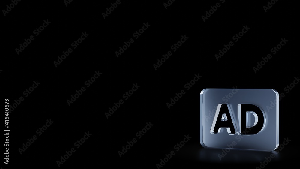 Poster 3d rendering frosted glass symbol of audio description isolated with reflection