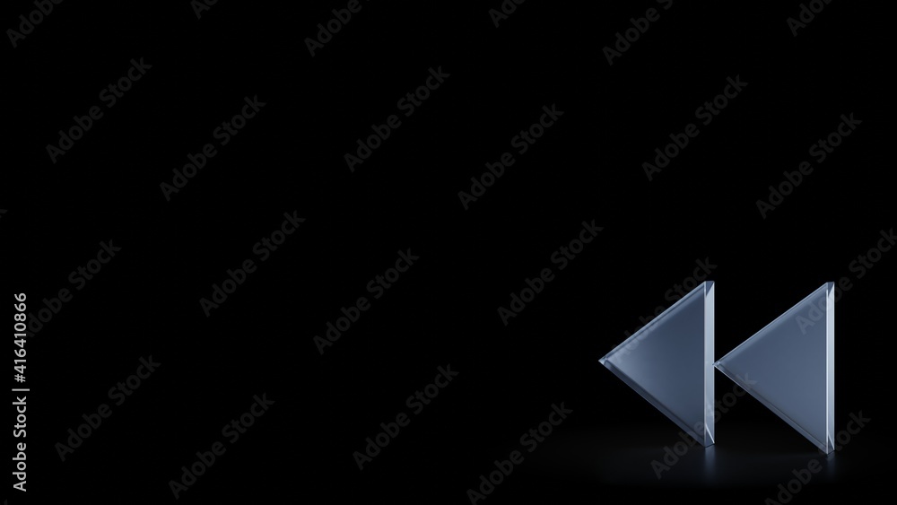 Poster 3d rendering frosted glass symbol of double left arrows isolated with reflection