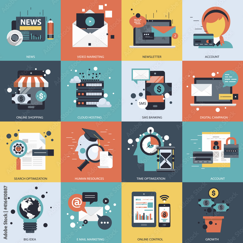 Wall mural business, technology and management icon set for websites and mobile applications. flat vector illus