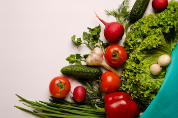 Leaves of lettuce, radish, green onion, bell pepper, cucumber, parsley, dill scattered from an ecological bag, on a white background. Vegetarian food. Place for your text. Fresh vegetables. 