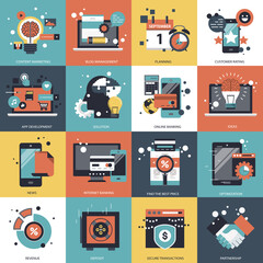 Business, technology and management icon set for websites and mobile applications. Flat vector illustration