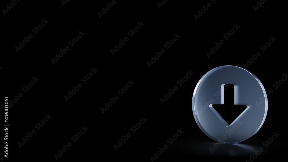Poster 3d rendering frosted glass symbol of down arrow in circle isolated with reflection