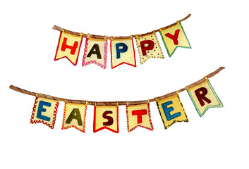 Watercolor handdrawn Happy easter banners in retro style. Easter holiday old-fashioned illustration. flags on the rope with letters 