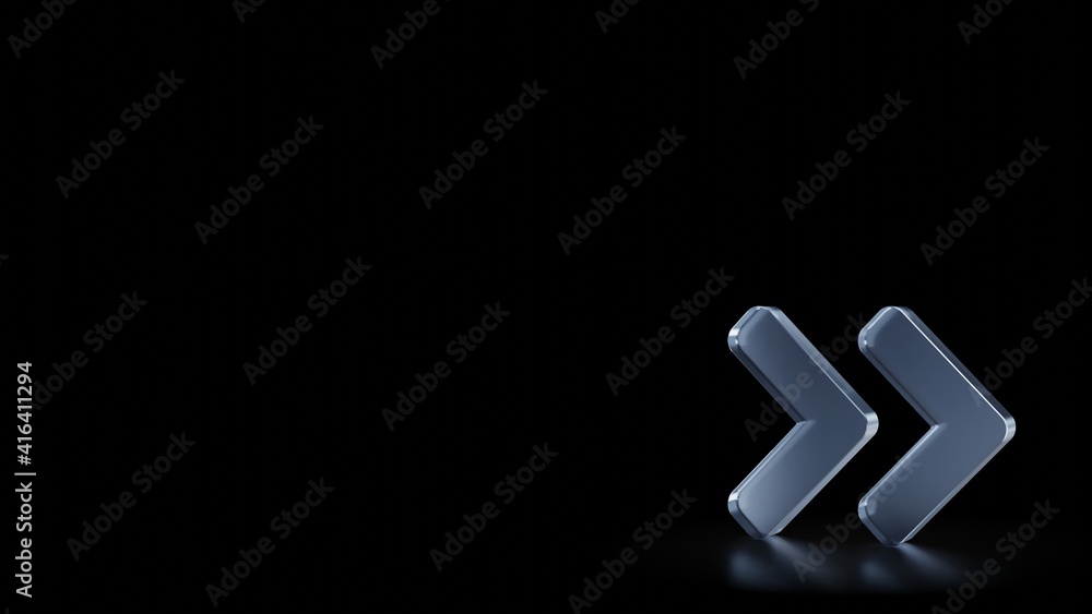 Poster 3d rendering frosted glass symbol of angle double right isolated with reflection