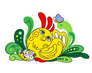 Illustration of newborn chick sitting on Easter eggs