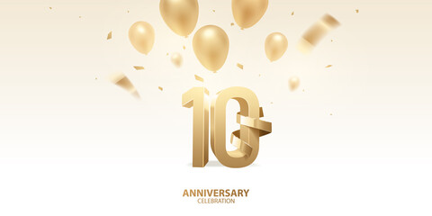 10th Anniversary celebration background. 3D Golden numbers with bent golden ribbon, confetti and balloons. - obrazy, fototapety, plakaty