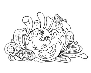 Illustration of newborn chick sitting on Easter eggs