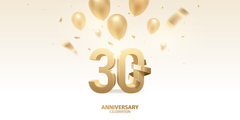 30th Anniversary celebration background. 3D Golden numbers with golden bent ribbon, confetti and balloons.
 - obrazy, fototapety, plakaty