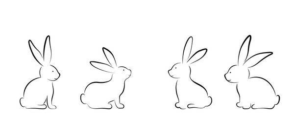 Vector set with bunny outline, collection with rabbits in different position, lineart.