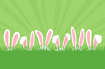 Easter bunnies ears in row in grass, cartoon rabbits ears border. Easter eggs hunt. Cute holiday background. Greeting card, space for your text. Spring illustration