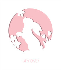 Bunny silhouette with flowers for laser cut. Easter card with paper rabbit's silhouette.
