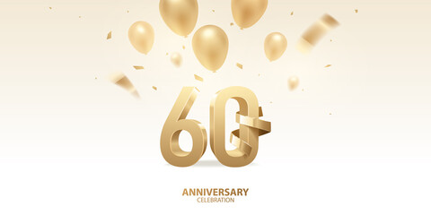 60th Anniversary celebration background. 3D Golden numbers with golden bent ribbon, confetti and balloons.