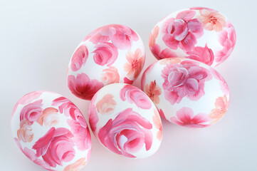 Easter eggs with pink floral print on white background, Copy Space,Happy Easte